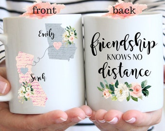 Friendship Knows No Distance Coffee Mug, Custom Sister Moving Gift, Long Distance Mugs, State To State, Best Friends Mugs, Bestie Going Away