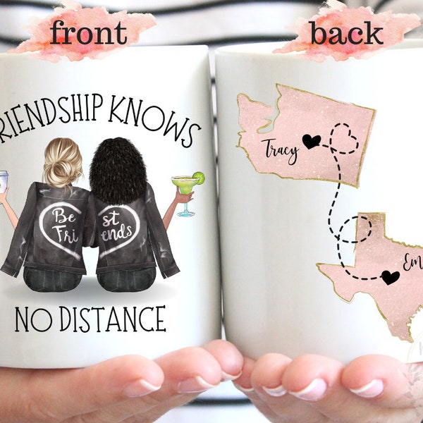 Friendship Knows No Distance Coffee Mug, Custom Sister Moving Gift, Long Distance Mugs, State To State, Best Friends Mugs, Bestie Going Away
