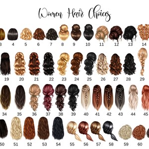 Puede incluir: Ilustraci&oacute;n que muestra 62 peinados diferentes, cada uno numerado. Los estilos var&iacute;an desde cortes de pelo bob rubios hasta trenzas y mo&ntilde;os largos y oscuros. El texto "Women Hair Choices" est&aacute; escrito en cursiva en la parte superior de la imagen.