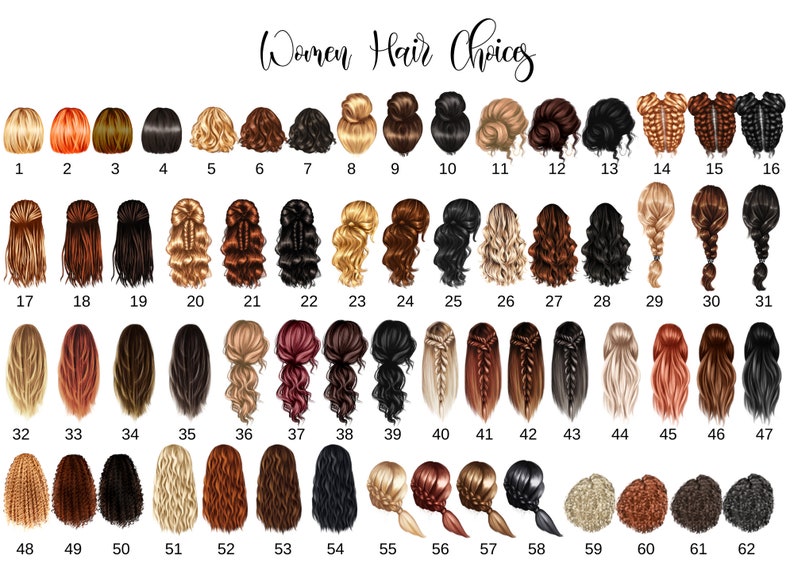 Puede incluir: Ilustraci&oacute;n que muestra 62 peinados diferentes, cada uno numerado. Los estilos var&iacute;an desde cortes de pelo bob rubios hasta trenzas y mo&ntilde;os largos y oscuros. El texto "Women Hair Choices" est&aacute; escrito en cursiva en la parte superior de la imagen.