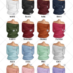 Puede incluir: Ilustraci&oacute;n de blusas con hombros descubiertos en varios colores: blanco, negro, vino, azul marino, verde bosque, burdeos, naranja, fucsia, aguamarina, azul acero, menta, gris, salm&oacute;n, rosa, lila y violeta. La palabra "Blusas" est&aacute; en la parte superior.