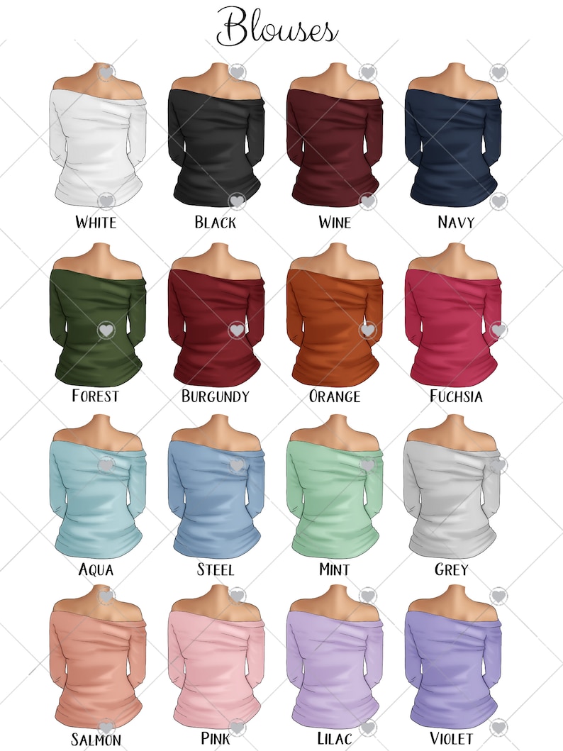 Puede incluir: Ilustraci&oacute;n de blusas con hombros descubiertos en varios colores: blanco, negro, vino, azul marino, verde bosque, burdeos, naranja, fucsia, aguamarina, azul acero, menta, gris, salm&oacute;n, rosa, lila y violeta. La palabra "Blusas" est&aacute; en la parte superior.