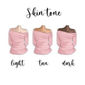 Puede incluir: Ilustraci&oacute;n de tres figuras con tops rosas con hombros descubiertos, cada una con un tono de piel diferente: claro, bronceado y oscuro. El texto "Skin tone" est&aacute; encima de las figuras, con las palabras "light", "tan" y "dark" debajo.