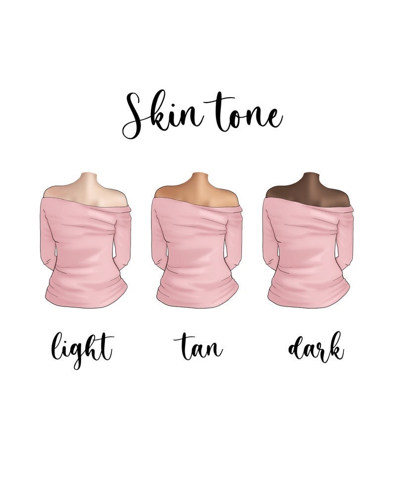 Puede incluir: Ilustraci&oacute;n de tres figuras con tops rosas con hombros descubiertos, cada una con un tono de piel diferente: claro, bronceado y oscuro. El texto "Skin tone" est&aacute; encima de las figuras, con las palabras "light", "tan" y "dark" debajo.