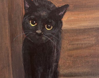 Black Cat On Stairs - Olive No. 32 - 7x5 inches - ORIGINAL Cat Painting