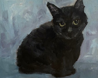 Black Cat - Olive No. 30 - 8x8 inches - ORIGINAL Cat Painting