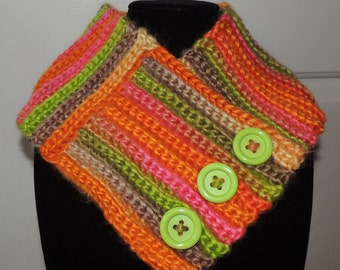 Pink Orange Tan Green Wool Cowl with lime green buttons, short scarf, outlander inspired