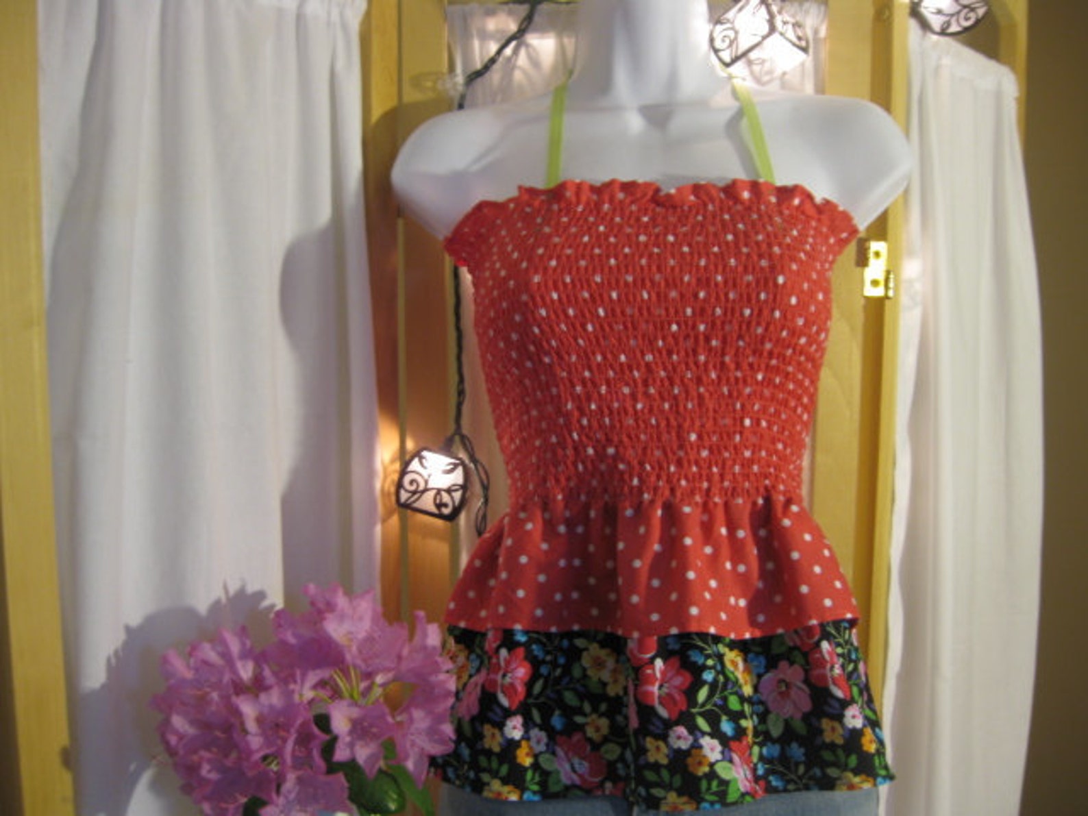 Child Size Large 26 To 33 Inch Chest Pink Polka Dot Flower Stretch Top 