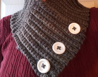 100% Gray Wool Cowl with white buttons, short scarf, chunky yarn, outlander inspired