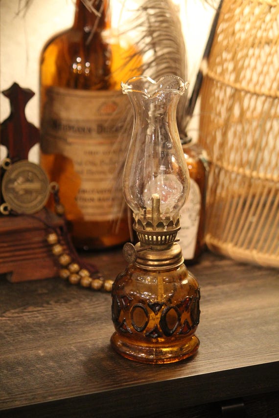 Vintage Amber Glass Oil Lamp: Small Kerosene Lamp, Farmhouse Decor