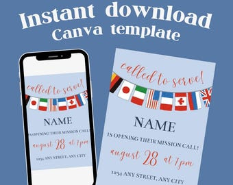 May include: A light blue Canva template design with the text "Instant download Canva template". The design includes a smartphone and a flyer with the text "called to serve!" and "August 28 at 7pm". The design also includes a banner of flags.