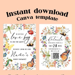 Love Bug Baby Shower Invitation: Floral Butterfly, Ladybug (Canva Template - Instant Download)