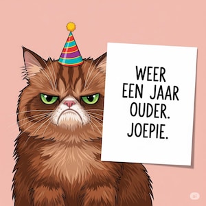 Grappige Verjaardagskaart Kat | Sarcastische Wenskaart 'Weer een jaar ouder', Printbare Kaart voor Vriend of Vriendin | Direct Download