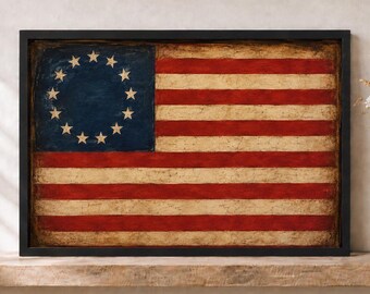 Vintage Betsy Ross Flag Art Printable, Rustic American Flag Decor, Americana Patriotic Download, 4th of July Vintage Flag Art, Colonial