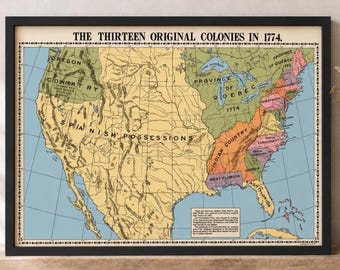 Original American 13 Colonies Vintage Map Printable, Americana Wall Art, Historic Colonial Map, 4th of July Decor, Patriotic Document