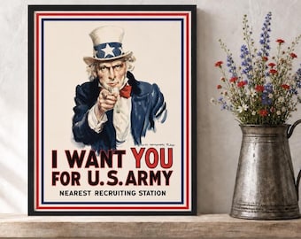 Vintage Uncle Sam Army Recruitment Poster Printable, Americana Decor, 4th of July Gifts, Patriotic Military Wall Art, Historical USA Image