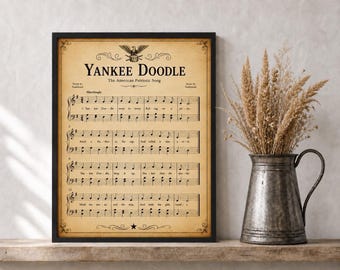 Yankee Doodle Sheet Music, Vintage Parchment Paper Look Printable, Americana Patriotic Art and Craft, 4th of July Historic American Song