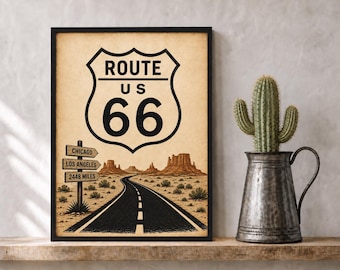 Vintage Route 66 Wall Art, USA Road Trip Decor, Americana Travel Poster, Route 66 Print, Office Room Decor, American Highway Art Download