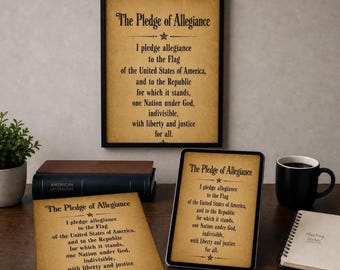 The Pledge of Allegiance Text Instant Download, Vintage Parchment Look, Americana Patriotic Wall Art, Classroom Decor, Teacher Printables