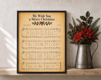 Wir wünschen Ihnen frohe Weihnachten! – Noten zum Ausdrucken | Weihnachtslied auf Pergament im Vintage-Stil | Festliche Wanddekoration | Weihnachtsgeschenk im Juli