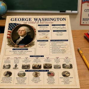 George Washington Study Sheet, Teacher Printables, Vintage President Classroom Decor, American History Biography Art, Educational Materials