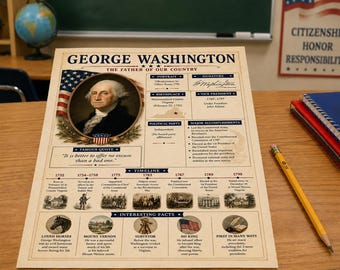 George Washington Study Sheet, Teacher Printables, Vintage President Classroom Decor, American History Biography Art, Educational Materials