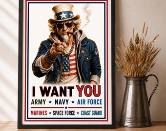 Uncle Sam Army Recruitment Poster Printable, Bad Ass Americana Decor, 4th of July Gifts, Patriotic All Military Wall Art, Vintage USA