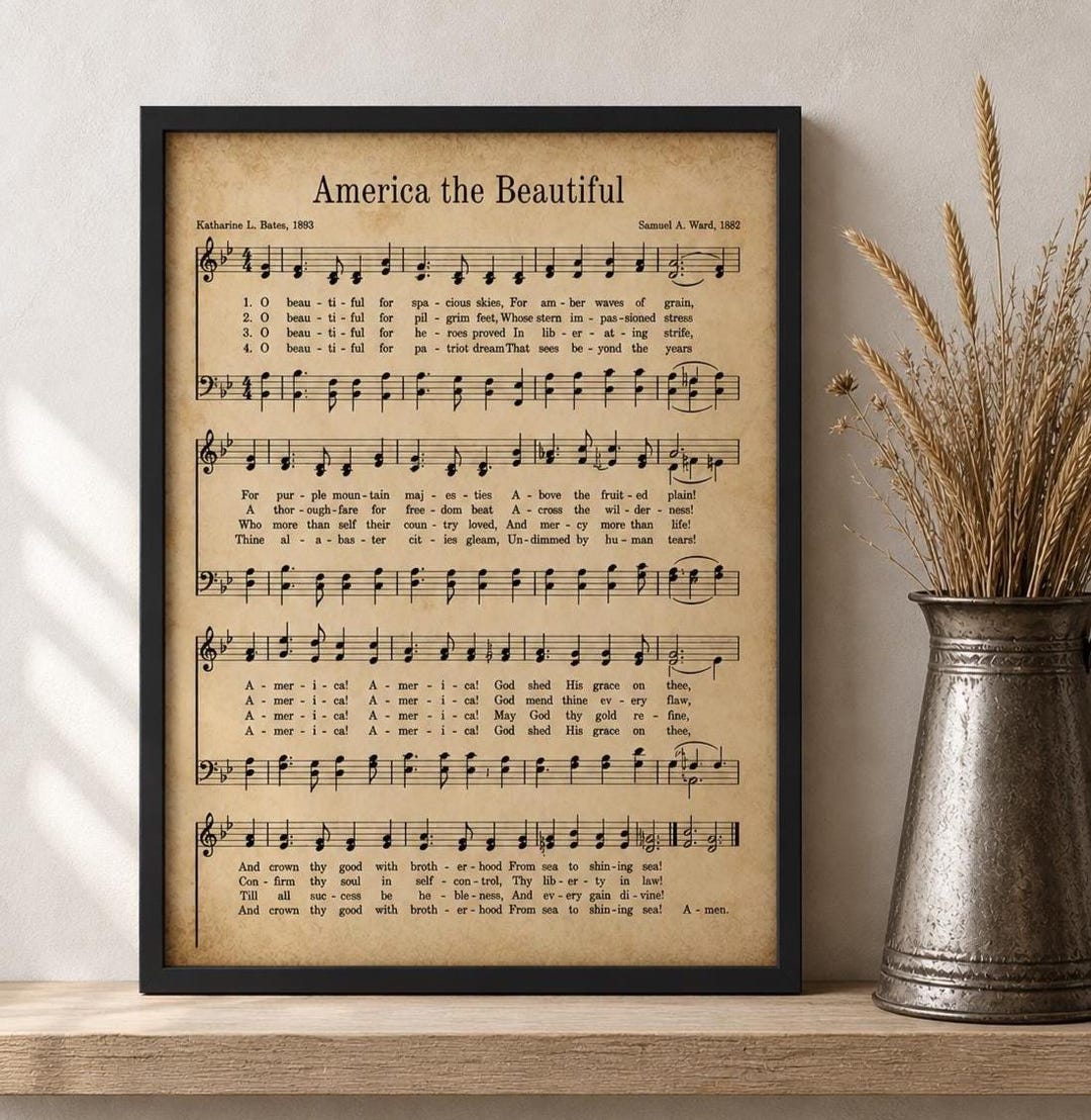 America The Beautiful Sheet Music Printable, Song Gift Vintage Parchment Art, Patriotic Wa