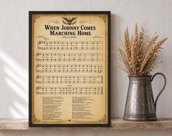 When Johnny Comes Marching Home Vintage Sheet Music Parchment Paper Look, Patriotic Americana Art Decor, Memorial Day & 4th of July Gift