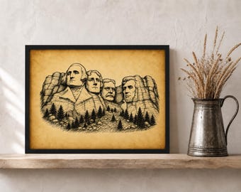 Vintage Mount Rushmore Wandbild zum Ausdrucken | Amerikanische, patriotische Dekoration | Pergamentpapier-Optik | Geschenk zum 4. Juli | Sofort-Download