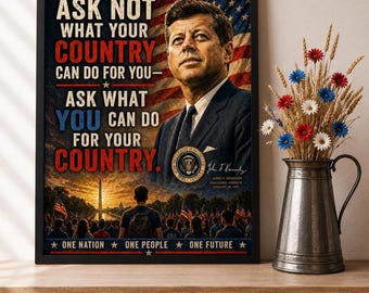 John F Kennedy Art Print, JFK Americana Decor, Memorial Day Patriotic 4th of July Printable, Historic Speech, Instant Digital Download