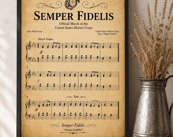 Semper Fidelis Sheet Music Digital File, US Marine Corps Song, Vintage Parchment Wall Art, Military Gift, Patriotic Decor 4th of July Print