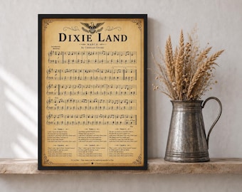 Dixie Land Song Sheet Music Vintage Parchment Paper Look | Patriotic Americana Wall Art | Memorial Weekend & 4th of July Gift Decor