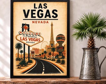 Vintage Las Vegas Wall Art, Nevada Travel Poster, Retro Vegas Print, USA Road Trip Decor, Southwest Office Art, Digital Download