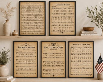 Patriotisches Notenpaket mit fünf Liedern, amerikanische Deko, Geschenke zum 4. Juli, Vintage-Pergamentpapier-Look, amerikanische Lieder zum Ausdrucken