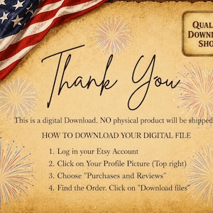 K&ouml;nnte beinhalten: Eine digitale Download-Anleitungskarte mit einem Vintage-Pergamenthintergrund, einer amerikanischen Flagge oben links und rot-wei&szlig;-blauen Feuerwerksillustrationen. Der Text lautet: Quality Download Shop, Thank You, sowie die Download-Schritte.