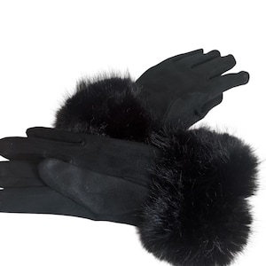 May include: A pair of black gloves with a soft, suede-like texture. The cuffs are trimmed with a thick, fluffy black fur. The gloves are designed for cold weather and add a touch of elegance.