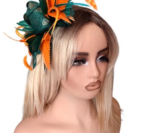 Bottle green and orange fascinator