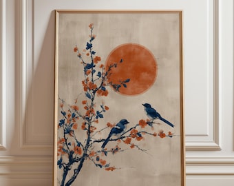 Cherry Blossom Bird Art Print, Japanese Style Sun Nature Poster, Minimalist Asian Decor