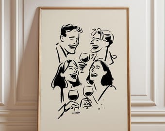 Grafika ścienna Friends Wine Line, minimalistyczna sztuka na spotkania towarzyskie