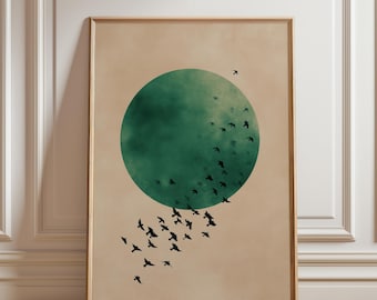 Grafika ścienna „Stado ptaków”, minimalistyczny zielony nadruk ze słońcem, nowoczesny plakat przyrodniczy