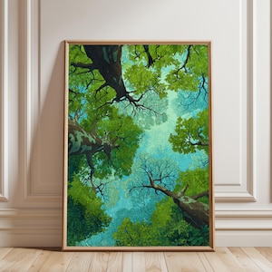 Pode incluir: Uma impressão de arte emoldurada com uma vista para cima através de um dossel florestal. A obra de arte apresenta folhas e galhos verdes exuberantes contra um céu azul claro, criando uma sensação de profundidade e tranquilidade. A moldura é de cor de madeira natural.
