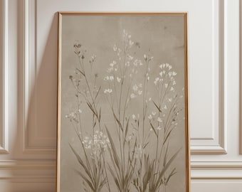 Neutralny botaniczny nadruk z dzikimi kwiatami, minimalistyczny beżowy plakat z motywem natury, japońska sztuka ścienna