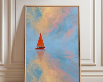 Red Sailboat Ocean Print, Pastel Sky Seascape, Coastal Nautical Wall Art