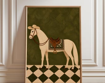 Western White Horse Wall Art, Vintage Cowboy Horse Print, Olive Green Equestrian Poster, Rustic Ranch Decor, Boho Western Art Print