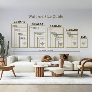 May include: A wall art size guide chart featuring text and rectangular outlines for 2:3, ISO A1-A4, 4:5, 3:4 ratios, and 11x14 dimensions. The chart displays various sizes in inches and centimeters, with a horizontal line indicating a 118 inch sofa.