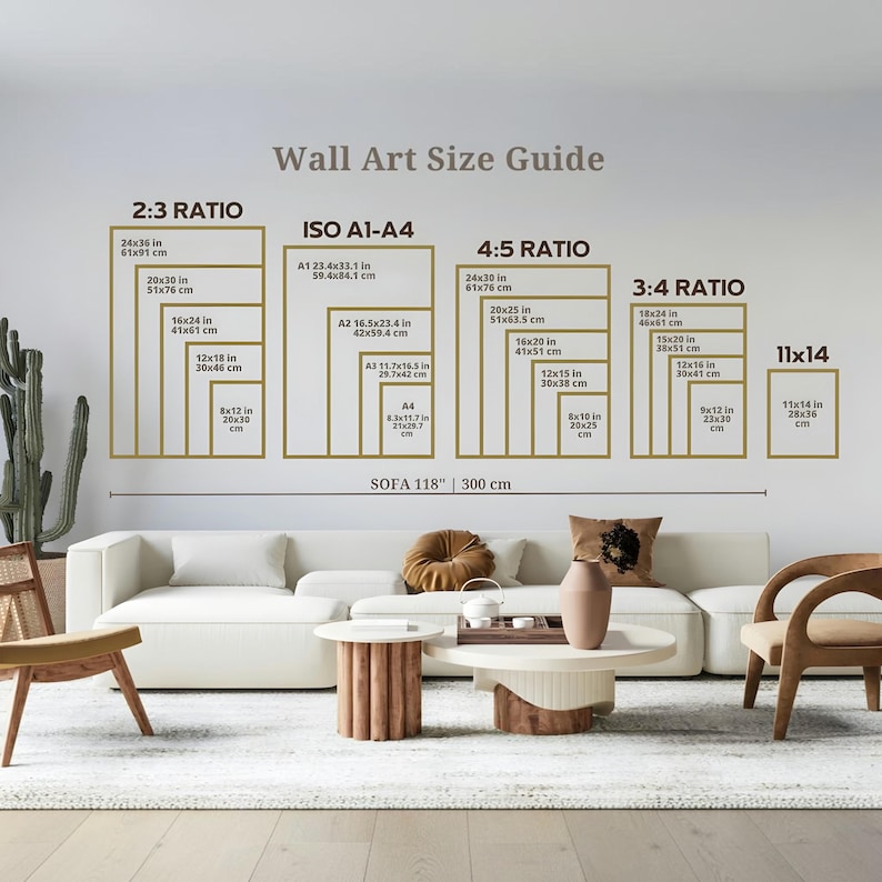 May include: A wall art size guide chart featuring text and rectangular outlines for 2:3, ISO A1-A4, 4:5, 3:4 ratios, and 11x14 dimensions. The chart displays various sizes in inches and centimeters, with a horizontal line indicating a 118 inch sofa.