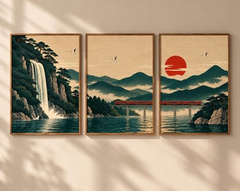 Japanese Landscape Wall Art Set of 3, Vintage Ukiyo-e Mountain Prints, Red Sun Waterfall and Train Art, Japandi Nature Decor Posters