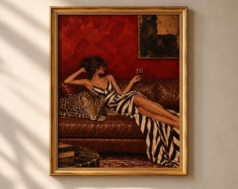 Leopard Wall Art Print, Glamorous Woman with Red Wine, Dark Maximalist Decor, Vintage Glamour Artwork, Moody Lounge Art, Luxury Home Decor
