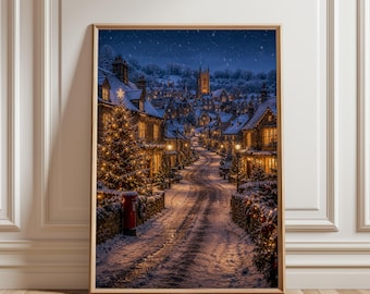May include: A vertical wall art print depicting a snowy village street at night. Stone cottages with glowing windows line a winding path covered in snow. A lit Christmas tree stands near a red post box, and a church tower rises in the distance.